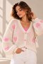 Women's Pink Heart Patterned Openwork Knitwear Cardigan Cty-Şml-265257