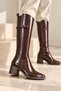 Women's Black Long Boots with Double Elastic Buckle at the Back and Thick Heels