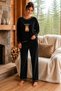 Velvet Black Bear Printed Crew Neck Women's Pajama Set - 2