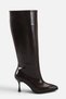 Women's Brown Patent Leather Pointed Toe Thin Heeled Mid-Sewn Below-The-Knee Boots