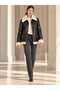 Women's Black Faux Leather Coat with Fur Inside and Plush Collar Biker Jacket - 7