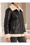 Women's Black Faux Leather Coat with Fur Inside and Plush Collar Biker Jacket - 4