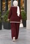 Women's Contrast Striped Double-Breasted Collar Hijab Knitwear Set - 3