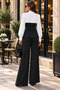 Timeless Elegance – Women's Shirt Collar Contrast Color Waist Belted Asymmetric Peplum Blouse Burgundy Palazzo Pants Two-Piece Set - 3