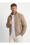 Men's Beige Stand Collar Zippered Suede Coat - 3
