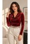 Women's Burgundy Color Degaje Collar Long Sleeve Pleated Velvet Fabric Blouse - 5