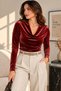 Women's Burgundy Color Velvet Fabric Degaje Collar Long Sleeve Blouse - 3