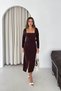 Women's Brown Square Neck Stone Detailed Belted Front Slit Pencil Dress Nbk5004 - 5