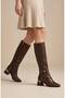 Women's Brown Gold Heel and Buckle Detailed Side Zipper Short Heeled Below the Knee Long Boots