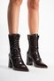 Pointed Toe Thick Heel Lace-Up Zippered Brown Patent Leather Boots [9cm]