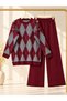 Women's Hijab Baklava Patterned Knitwear Pants Set Burgundy - 2