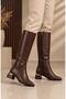 Women's Brown Gold Heel and Buckle Detailed Side Zipper Short Heeled Below the Knee Long Boots - 6