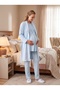 New Season Blue Jacquard Shawl Collar Winter Breastfeeding Compatible Design Lace Long Sleeve Maternity Pajama Set - 7
