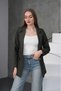 Khaki Green Single Button Lined Leather Look Tweed Jacket - 2