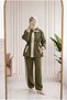 Hasibe High Collar Snap Fastener Gathered Waist Suit - Pn3259 Oil Green