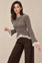 Women's Romantic Curved Cut Knitwear Sweater with Lace Detail on Sleeves and Hem
