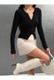 Women's V-Neck Buttoned Long Sleeve Slim Fit Viscose Ribbed Blouse Black - 3