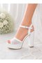 Women's White Lace Detailed Ankle Strap Platform Heeled Premium Bridal Shoes - 8