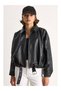 Women's Black Shirt Collar Leather Jacket with Zipper and Belt Detail at the Bottom and Pockets