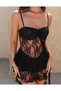 Women's Black Lace Detailed Asymmetrical Cut Front Short Back Long Ruffled Strap Stylish Evening Dress - 3