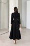 Women's Long Sleeve High Neck Black Waist Fitted Front Button Detail Long Evening Dress Graduation Gown - 2