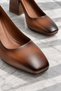 Women's Tan Genuine Leather Blunt Toe Thick Heeled Premium Classic Heeled Shoes - 3