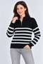 Women's Stand Collar Half-Zip Striped Thessaloniki Knit Sweater - Black