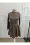 Women's Long Sleeve Semi-Crew Neck Short Modal Dress with Buckle Detail at the Waist - 4