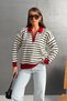 Women's Red Polo Collar Half Zipper Striped Oversize Knitwear Sweater Rb0720 - 3