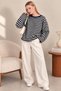Women's Navy Blue Cream Oversized Striped Knit Sweater - 2
