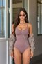 Women's Dusty Rose Thin Strap Seamless Gathering Seamless U-Neck Ribbed Snap-On Athlete Bodysuit - 3