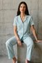 Women's Aqua Green Gingham Patterned Short Sleeve Buttoned Shirt Collar Pants Cotton Pajamas Set - 4