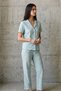 Women's Aqua Green Gingham Patterned Short Sleeve Buttoned Shirt Collar Pants Cotton Pajamas Set