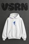 Blue Hummingbird Design Front Printed Oversize White Hooded Sweatshirt