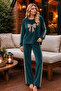 Velvet Petrol Bowknot Embroidered Leopard Patterned Long Sleeve Crew Neck Women's Pajama Set - 2