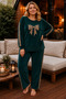 Velvet Oil Bow Embroidery Leopard Pattern Interlaced Long Sleeve Crew Neck Plus Size Women's Pajama Set - 2
