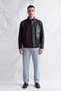 Men's Mati Hakim Collar Leather Coat with Large Pockets, Navy Blue
