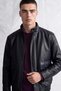 Men's Mati Hakim Collar Leather Coat with Large Pockets, Navy Blue - 5