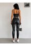 Eyelet Tied Faux Leather Bustier Trouser Set - 2