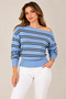 Women's Blue Striped Boat Neck Knit Sweater – Long Sleeve Loose Fit Model