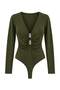 Khaki Plain V-Neck Long Knitted Sandy Bodysuit Tpraw27Bd00022