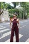 Linda Twill Fabric Halter Neck Set - Burgundy - 2