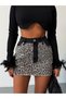 Women's Leopard Pattern Blocky Mini Denim Skirt with Tassels at the Hem