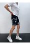 Men's Dark Blue Washed Ripped Detail Slim Fit Jean Shorts - 5