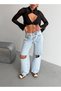 Women's Wide Leg Jean Pants with Waist Window - High Waist Wide Leg Denim with Pocket Detail - 3