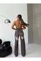 Women's 100% Cotton Wide Leg Jeans with Back Ripped Detail - High Waist with Tie at the Waist, Brown - 4