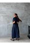 Women's Long Denim Dress Belted Cape Detailed Buttoned Jeans Dress - 3