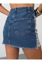 Women's Leopard Pattern Blocky Mini Denim Skirt with Tassels at the Hem - 6