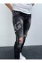 Men's Smoked Text Printed Ripped Detail Slim Fit Skinny Jean Trousers