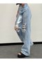 Women's High Waist Knee-Ripped Sparkling Stone Wide Leg Jean Trousers - 100% Cotton Loose Fit - 3